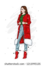 Beautiful, tall and slender girl in a stylish coat, trousers, and glasses. Stylish woman in high-heeled shoes. Fashion & Style. Vector illustration.
