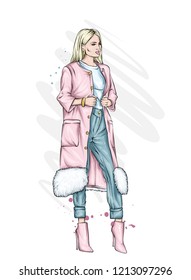 Beautiful, tall and slender girl in a stylish coat, trousers, and glasses. Stylish woman in high-heeled shoes. Fashion & Style. Vector illustration.
