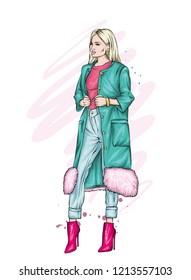 Beautiful, tall and slender girl in a stylish coat, trousers, and glasses. Stylish woman in high-heeled shoes. Fashion & Style. Vector illustration.
