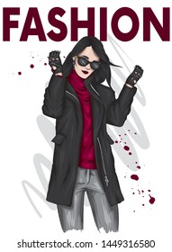 Beautiful, tall and slender girl in a stylish coat, trousers, and glasses. Stylish woman in high-heeled shoes. Fashion & Style. Vector illustration.
