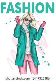 Beautiful, tall and slender girl in a stylish coat, trousers, and glasses. Stylish woman in high-heeled shoes. Fashion & Style. Vector illustration.
