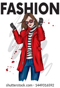 Beautiful, tall and slender girl in a stylish coat, trousers, and glasses. Stylish woman in high-heeled shoes. Fashion & Style. Vector illustration.
