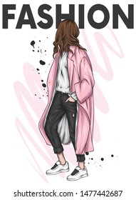 Beautiful, tall and slender girl in a stylish coat, trousers. Stylish woman in shoes. Fashion & Style. Vector illustration.