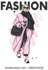Beautiful, tall and slender girl in a stylish coat, trousers. Stylish woman in shoes. Fashion & Style. Vector illustration.