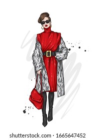 Beautiful, tall and slender girl in a stylish coat, dress, and glasses. Stylish woman in high-heeled shoes. Fashion & Style. Vector illustration.
