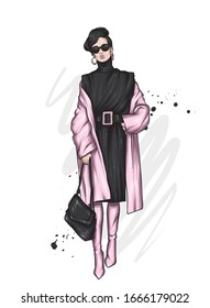 Beautiful, tall and slender girl in a stylish coat, dress, and glasses. Stylish woman in high-heeled shoes. Fashion & Style. Vector illustration.
