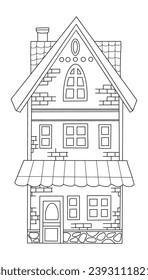 Beautiful tall stone house doodle. Urban architecture. Vector illustration. hand drawn outline drawing, coloring