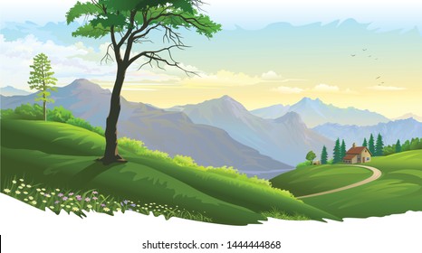 A beautiful tall tree over the green meadows and a house