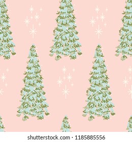 Beautiful tall winter trees, aqua and green on soft  pink background with ivory stars. Scandinavian style, For Christmas wrapping paper, cards, gift boxes, shopping bags. Elegant, festive, modern.