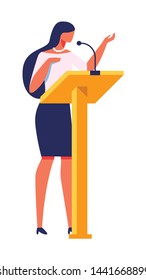 Beautiful Tall Woman Gives Lecture. Stand near Podium. Speak into Microphone. Business Training for Women. Vector Illustration. Woman Holds Lecture. Woman Business Clothes on White Background.