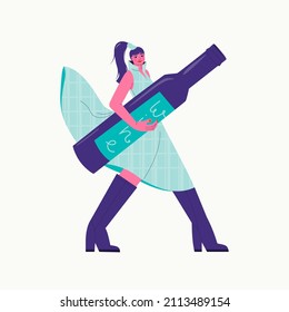 Beautiful tall woman with a huge bottle of wine in her hands. A young girl in a lush dress. Vector isolated illustration.