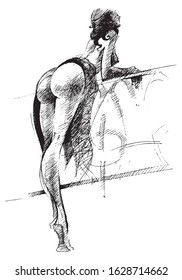 A beautiful tall woman stands behind us and rests on a handrail. Graphic drawing