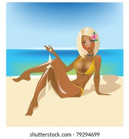 Beautiful, tanned woman is resting on the beach in a  bikini
