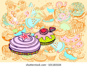 Beautiful Tarts on Sweet Background (hand drawn vector)