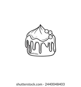 Beautiful tasty cake with glaze and cream flows with pearl berry in black isolated on white background. Delicious sweet dessert for cafe restaurant menu. Hand drawn vintage vector sketch illustration