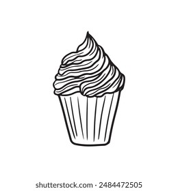 Beautiful tasty cupcake with chocolate cream in black isolated on white background. Hand drawn vector sketch illustration in doodle engraved vintage line art style. Holiday dessert