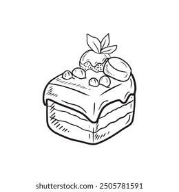 Beautiful tasty delicious square cake with cream, glaze and fruits on top with chocolate in black isolated on white background. Hand drawn vector sketch illustration doodle vintage engraved line art