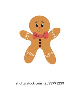 Beautiful tasty gingerbread man decorated with glaze icing with red bow isolated on white background. Hand drawn vector flat colored illustration. Merry Christmas traditional cookies