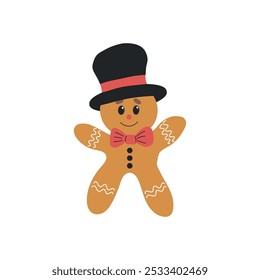 Beautiful tasty gingerbread man in stovepipe decorated with glaze icing with red bow isolated on white background. Hand drawn vector flat colored illustration. Merry Christmas cookies