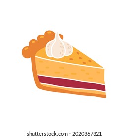 Beautiful tasty slice of American pumpkin pie with cranberries and cream. Traditional dish for Thanksgiving dinner. Autumn dessert for the harvest festival. Homemade pastries. Bright doodle icon.