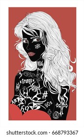 Beautiful tattooed lady - vector art - Black girl with white tattoos in red