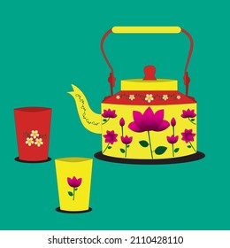 Beautiful tea kettle illustration with two colorful cups. Lotus design pattern on tea kettle vector illustration.