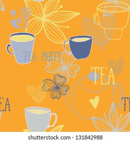 Beautiful tea party background. Vintage floral seamless pattern with tea cup and flower. Vector illustration