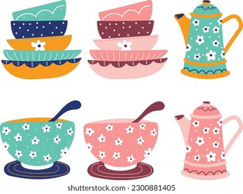 beautiful tea set with pot, cup and any element for graphic designer, vector illustration