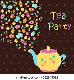 Beautiful tea with steam of sweets on a dark background
