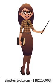 Beautiful teacher cartoon character standing isolated on a white background with the book and pointer vector