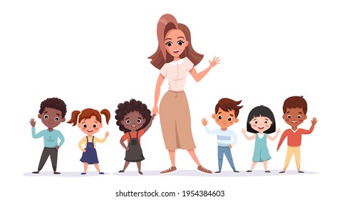 Beautiful teacher standing with her pupils smiling and waving. Elementary school classmates portrait together with teacher. Back to school concept. Vector cartoon illustration for poster, website.