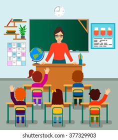 Beautiful  Teacher Woman Standing Teaching In Front Children Raising Hands Up Sitting In Classroom  Flat Vector Illustration