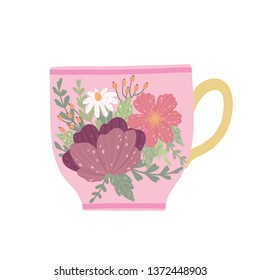Beautiful teacup with flower and leaves isolated on white background. Elegant vector mug. Can be used poster, greeting card, gift, banner, textile, T-shirt, mug.