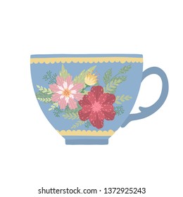 Beautiful teacup with flower and leaves isolated on white background. Elegant vector mug. Can be used poster, greeting card, gift, banner, textile, T-shirt, mug.