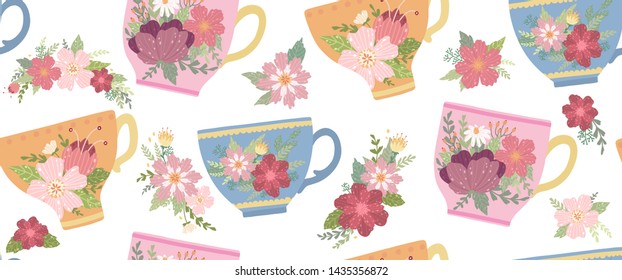 
Beautiful teacup with flower and leaves isolated on white background seamless pattern. Elegant vector mug. Can be used poster, greeting card, gift, banner, textile, T-shirt, mug.
