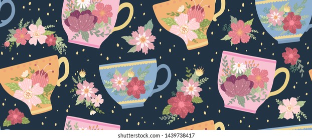 
Beautiful teacup with flower and leaves  seamless pattern. Elegant vector mug. Can be used poster, greeting card, gift, banner, textile, T-shirt, mug.