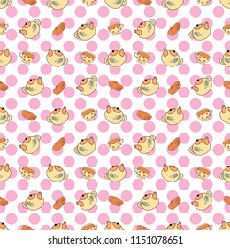 A beautiful teapot and a Cup of tea are drawn on a white background in pink polka dots. Seamless pattern.