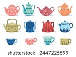 Beautiful teapot and cups. Decorative ceramic kitchen teapots for brewing tea. Vector illustration