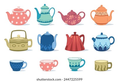 Beautiful teapot and cups. Decorative ceramic kitchen teapots for brewing tea. Vector illustration