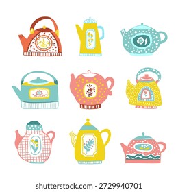 Hermosa tetera y tazas. Teteras de cocina decorativas para preparar té