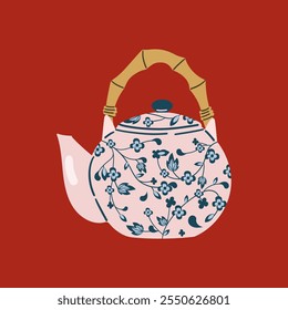 Hermoso icono de tetera . Tetera de cerámica decorativa de la cocina para preparar el té. Estilo de dibujos animados de Ilustración vectorial doodle para un diseño cálido y acogedor, invierno, otoño y temporada fresca. Para pegatina, tarjeta o Anuncio.