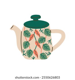 Hermoso icono de tetera . Tetera de cerámica decorativa de la cocina para preparar el té. Estilo de dibujos animados de Ilustración vectorial doodle para un diseño cálido y acogedor, invierno, otoño y temporada fresca. Para pegatina, tarjeta o Anuncio.