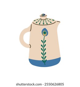 Hermoso icono de tetera . Tetera de cerámica decorativa de la cocina para preparar el té. Estilo de dibujos animados de Ilustración vectorial doodle para un diseño cálido y acogedor, invierno, otoño y temporada fresca. Para pegatina, tarjeta o Anuncio.