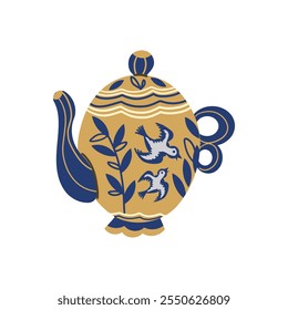 Hermoso icono de tetera . Tetera de cerámica decorativa de la cocina para preparar el té. Estilo de dibujos animados de Ilustración vectorial doodle para un diseño cálido y acogedor, invierno, otoño y temporada fresca. Para pegatina, tarjeta o Anuncio.