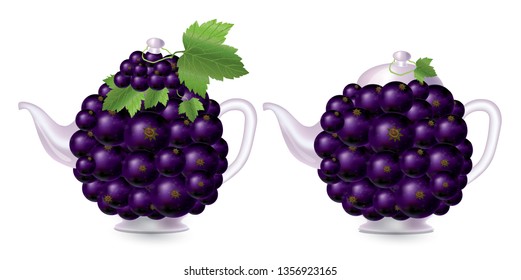 Beautiful teapot in the shape of black currant berries. Healthy fruit tea. The concept of healthy eating.