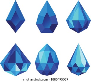 Beautiful tear drop shaped blue gemstones vector icon set. Crystals diamonds precious stones jewels sapphires illustration for web card print blogs decorations 