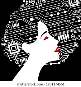 Beautiful techno woman communication profile. Beauty face with black hair made of circuit, red lips. Vector illustration with place for your text.