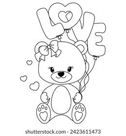 A beautiful teddy bear girl holds balloons that make up the word "Love". Coloring page for children. Print it out and bring it to life with color. Happy Valentine's Day. Vector illustration.