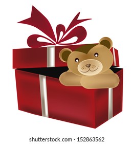 a beautiful teddy bear inside a red present box
