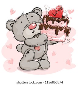 A beautiful Teddy bear stands with a cake in its paws. Background pink